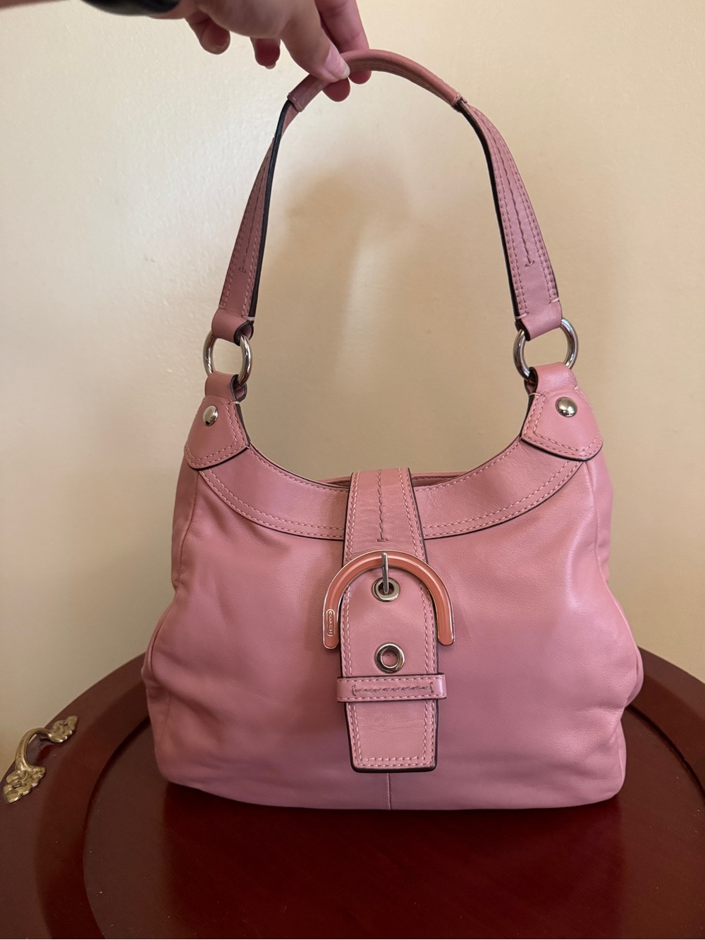 Coach Pink Leather Shoulder Hobo with Buckle Accent - Picture 2 of 7